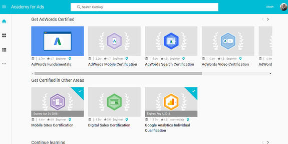 Google's Academy for Ads dashboard